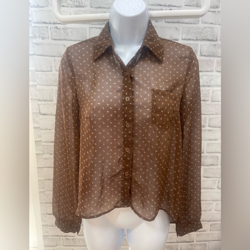 Love Culture Sheer Long Sleeve High Low Button Up Blouse Small